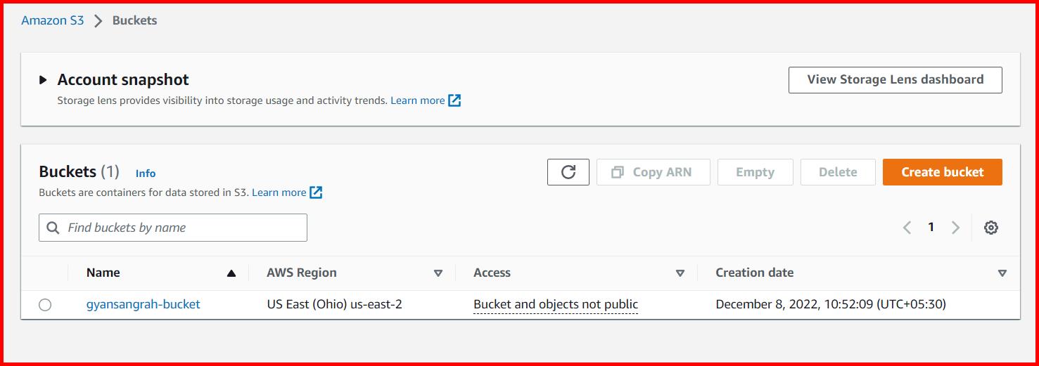 Picture showing the S3 bucket created in AWS console
